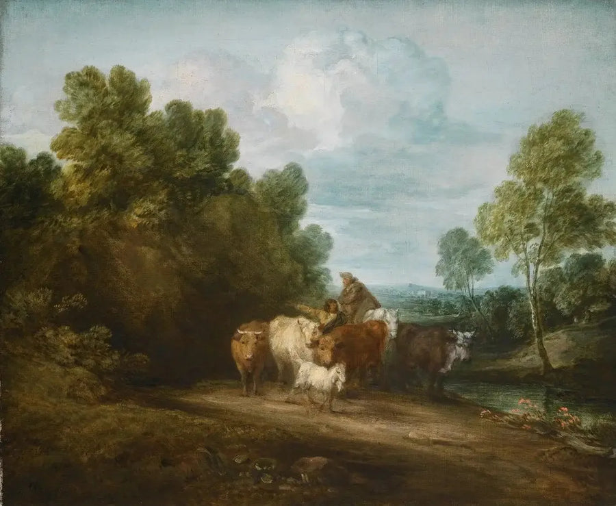 Rotsachtig bebost landschap met boer te paard, herder en vee, en gebouw op de achtergrond - Thomas Gainsborough

Source:
Paysage rocheux boisé avec paysan à cheval, bouvier et bétail, et bâtiment au loin - Thomas Gainsborough