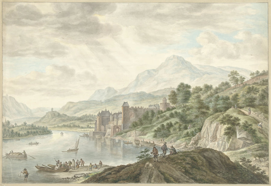 Paysage vallonné avec un château au bord d'une rivière - Abraham Delfos