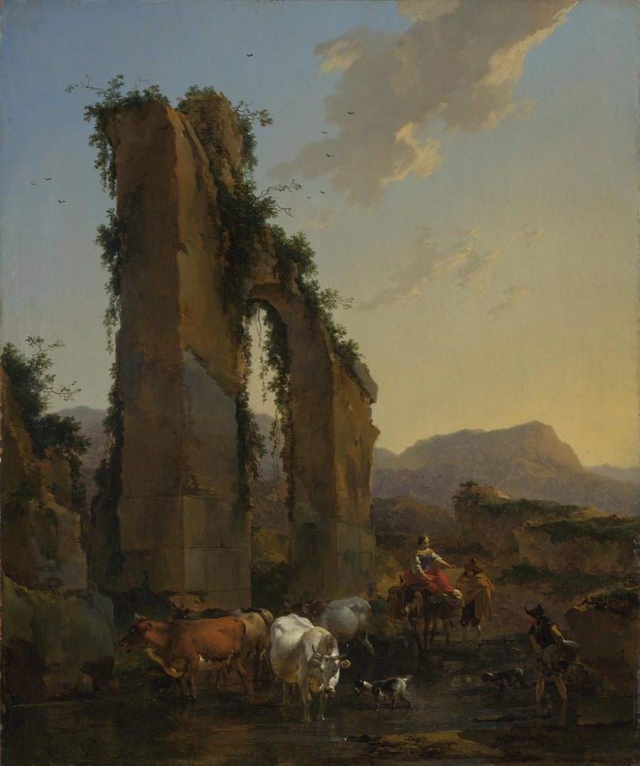 Paysan avec troupeau près d'un aqueduc en ruine - Nicolaes Berchem