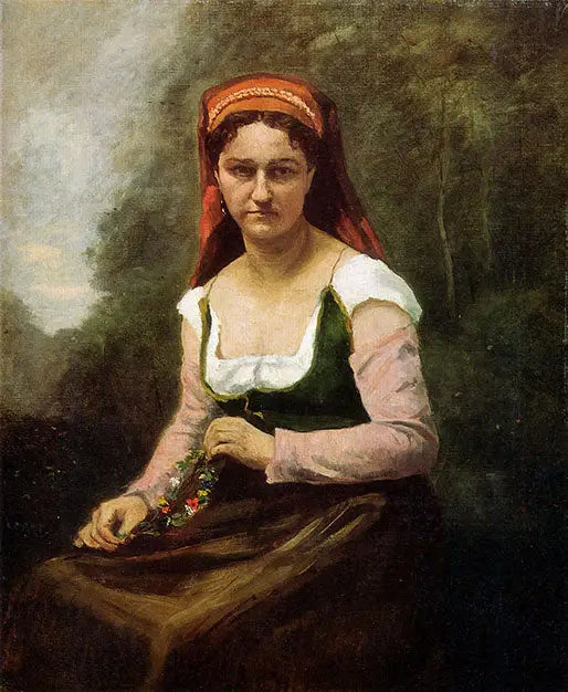 Zittende boer in het groen, houdend een bloemenkrans - Jean-Baptiste Camille Corot