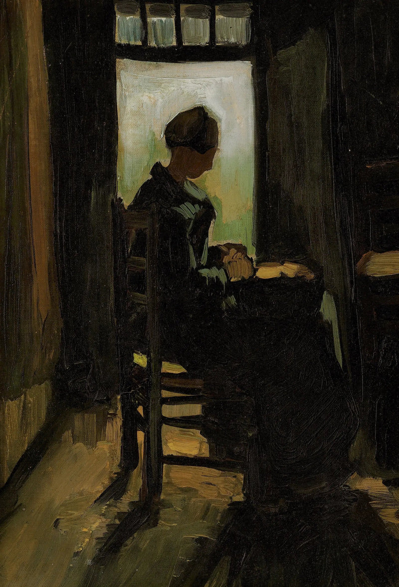 Boerin zittend voor een open deur, aardappelen schillend - Vincent van Gogh