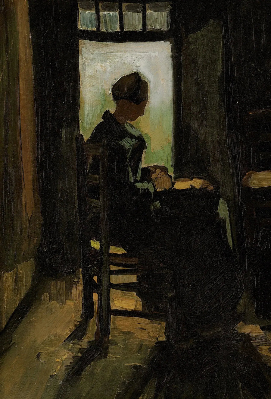Boerin zittend voor een open deur, aardappelen schillend - Vincent van Gogh