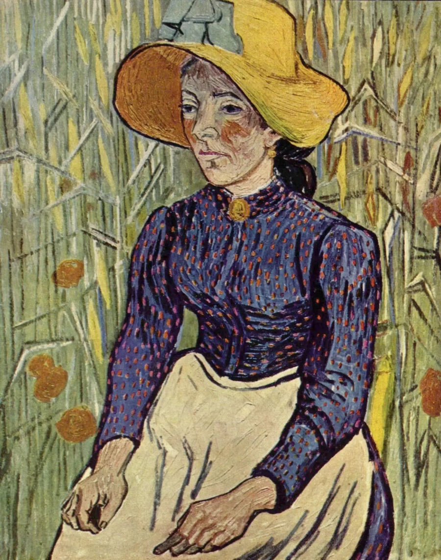 Boerin met een strohoed zittend voor een tarweveld - Vincent van Gogh