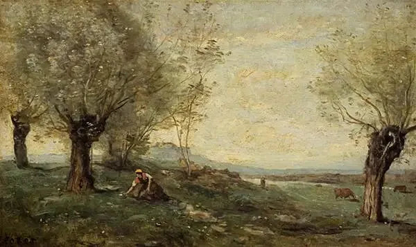 Landbouwer die gras maait bij een wilgenbos - Jean-Baptiste Camille Corot