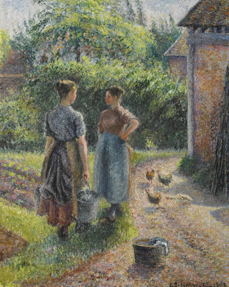 Boeren die in de binnenplaats van een boerderij praten, Eragny - Camille Pissarro