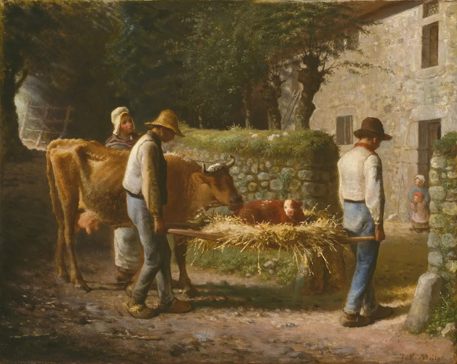 Landbouwers brengen een kalf dat in de velden is geboren, naar huis - Jean-François Millet