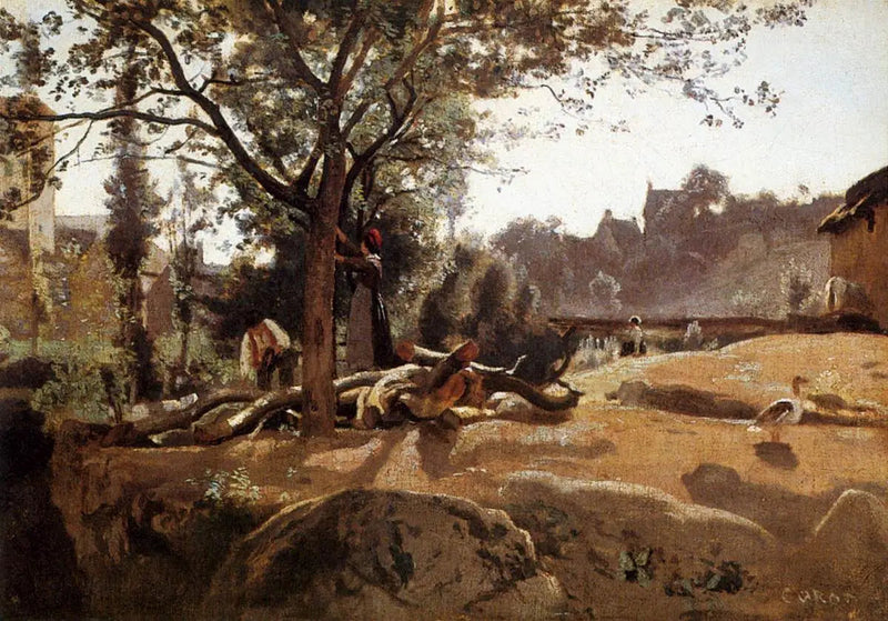 Boeren onder de bomen bij zonsopgang - Jean-Baptiste Camille Corot