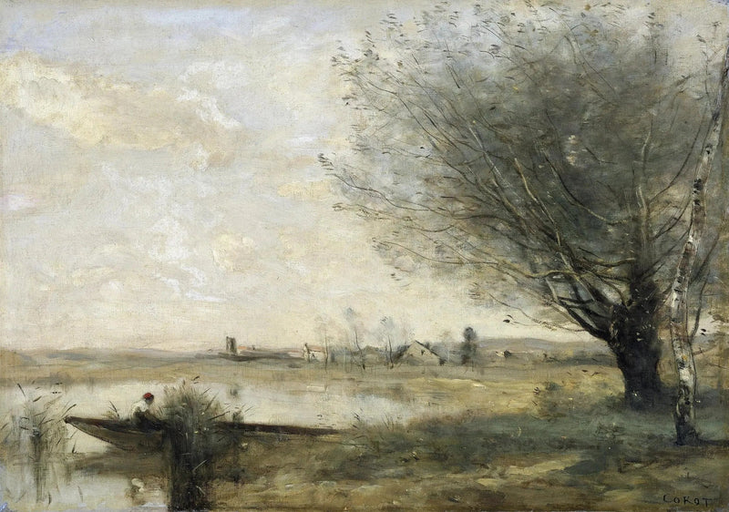 Vissersboot aangemeerd aan een oever - Jean-Baptiste Camille Corot