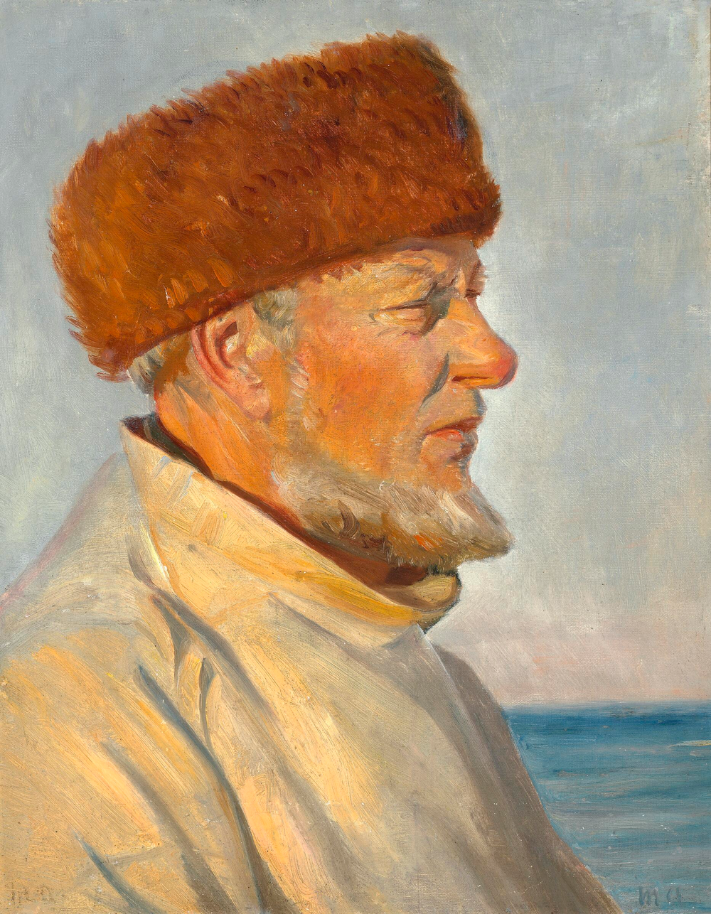 Pêcheur de Skagen, coiffé d'un chapeau de fourrure, au soleil sur la plage. - Michael Peter Ancher image 1 reproduction de peinture à l’huile