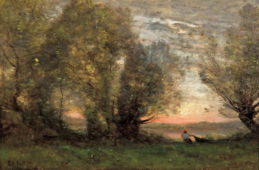 Vissers die hun bootje trekken bij een oude wilg, avondlicht - Jean-Baptiste Camille Corot