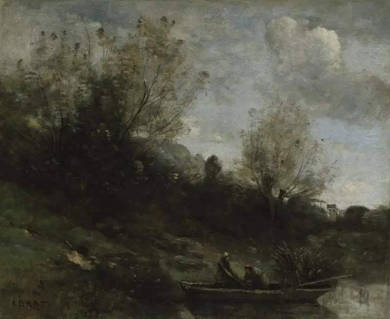 Vissers in een bootje aan de oever - Jean-Baptiste Camille Corot