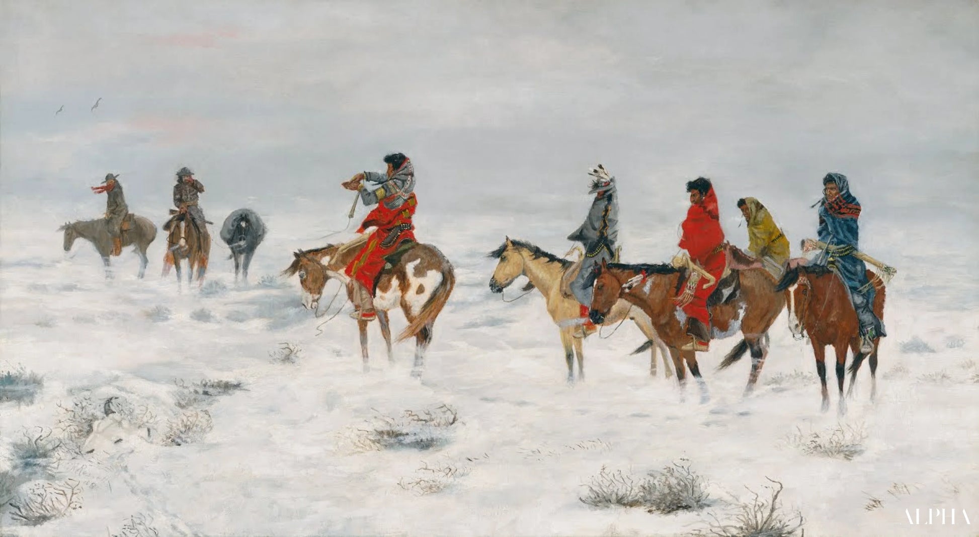 Verloren in een sneeuwstorm - Charles Marion Russell - Reproducties van schilderijen en hoogwaardige schilderijen