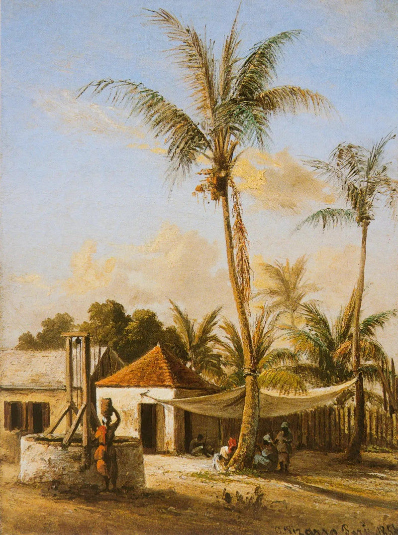 Personage die uitrust in een dorp bij een put - Camille Pissarro