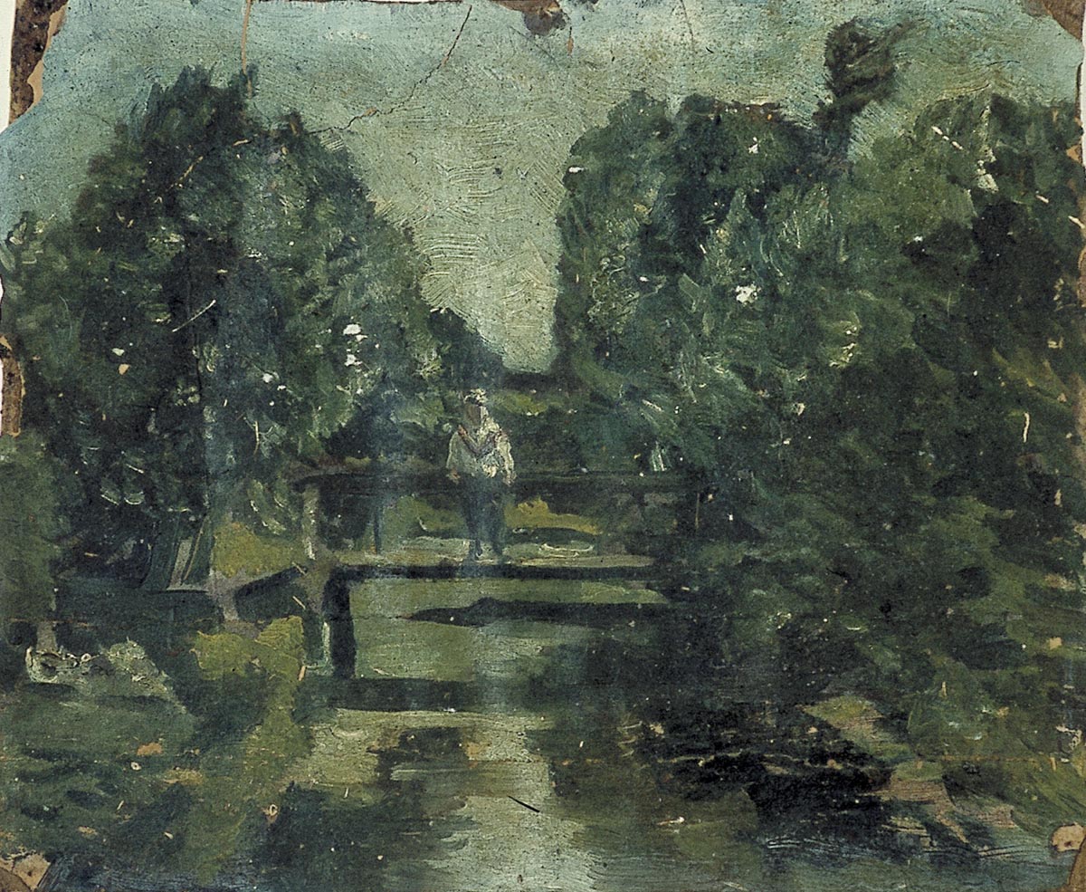 Personnage sur un pont dans une forêt - Theo van Doesburg image 1 reproduction de peinture à l’huile
