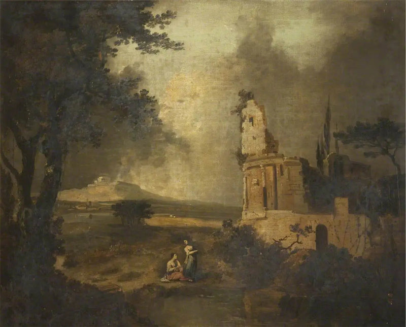 Personages die converseren op de voorgrond; in de verte, Bethlehem - Claude Lorrain