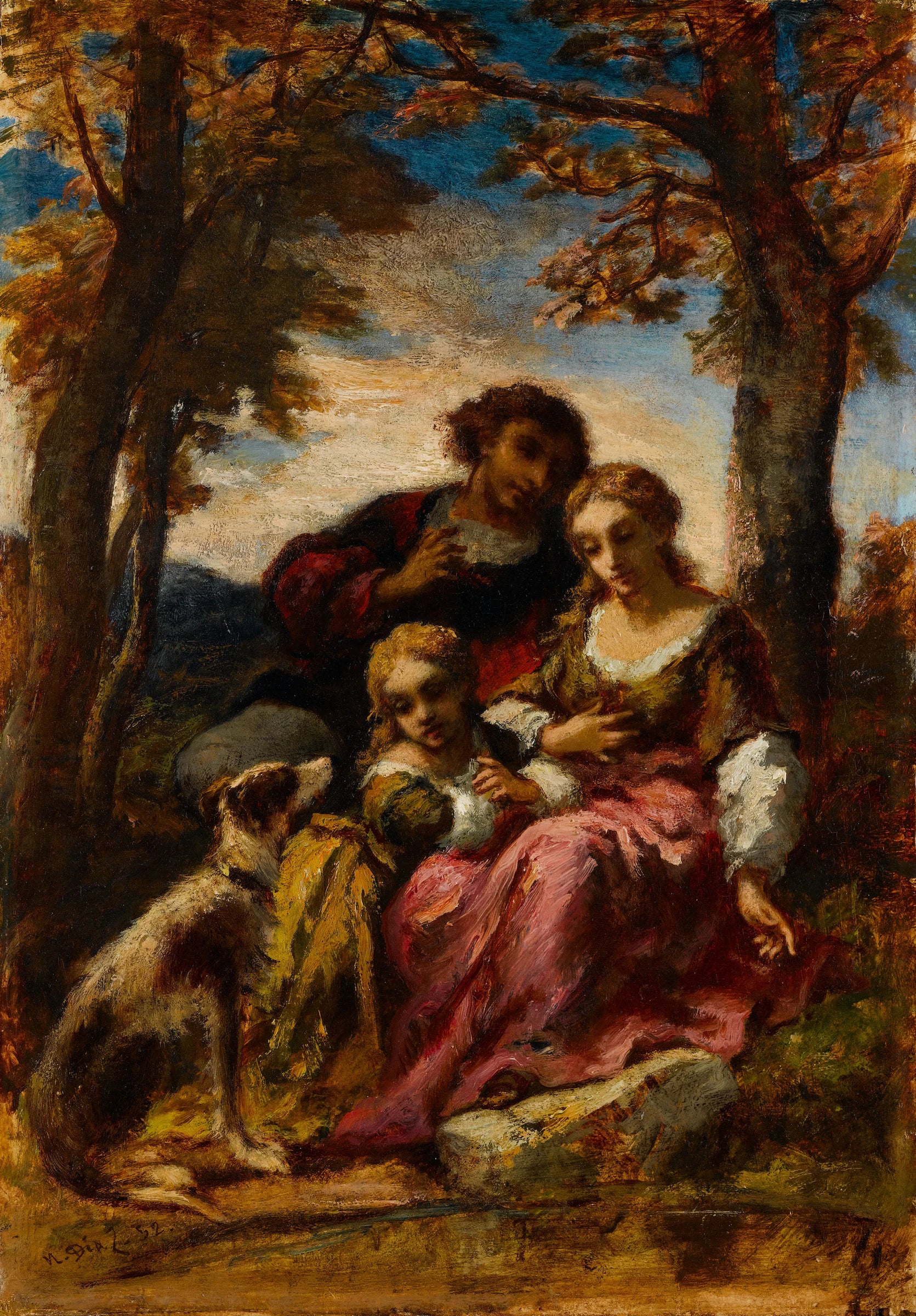 Personnages et chien dans un paysage - Narcisse-Virgile Diaz de la Peña