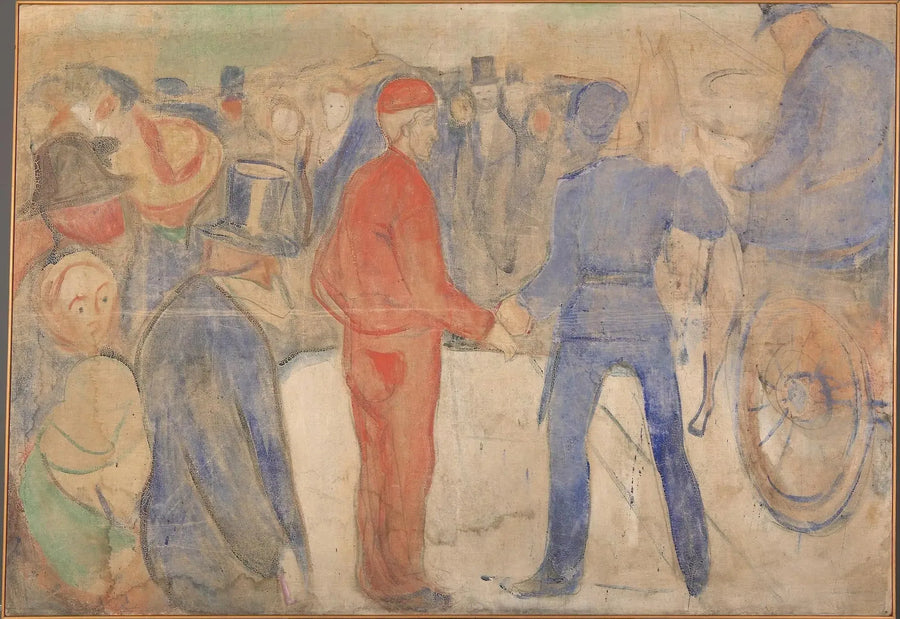 Mensen die zich verzamelen rond een man in het rood - Edvard Munch