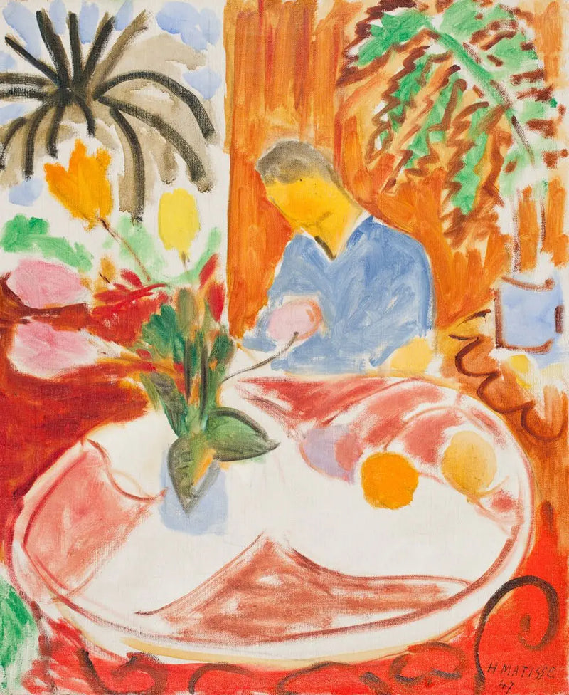 Klein Interieur met Ronde Marmeren Tafel, Palmiér en Personage - Henri Matisse