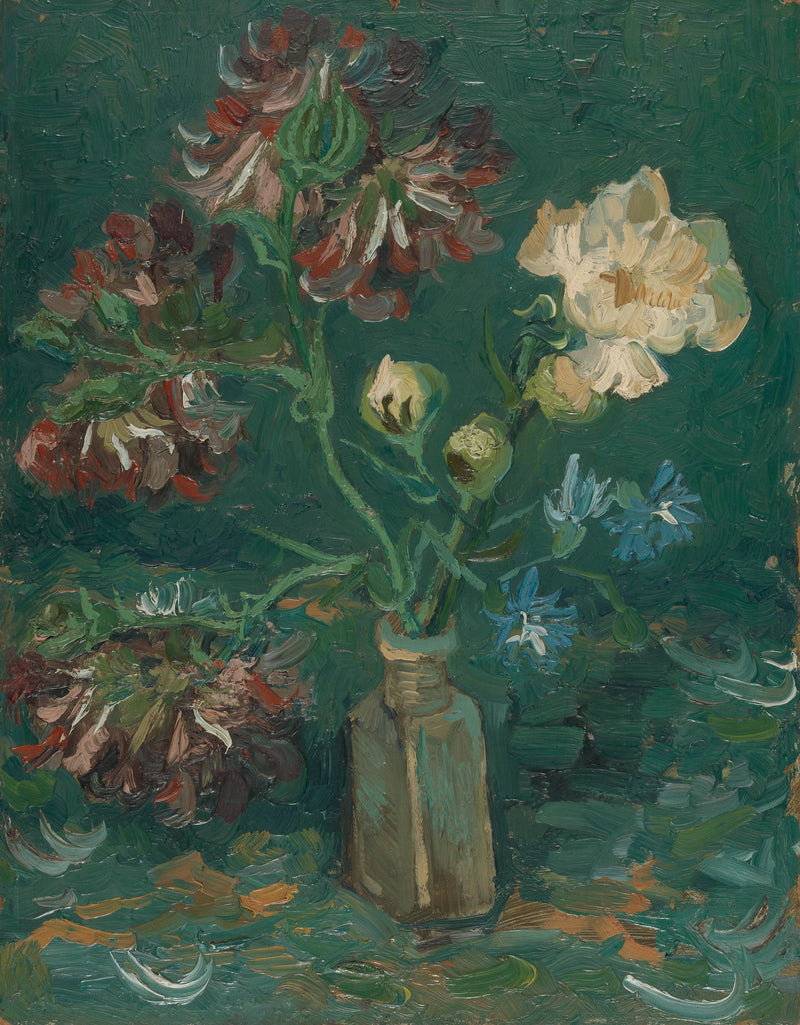 Klein flesje met pioenen en blauwe riddersporen - Vincent van Gogh