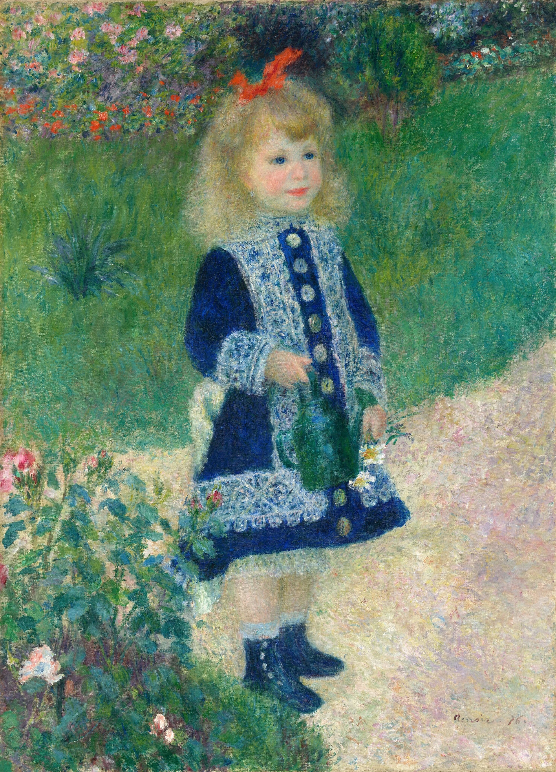 La Petite Fille à l’arrosoir, enfant en robe bleue peinte par Renoir en 1876