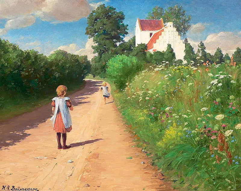Kleine meisjes die voor de kerk van Brændekilde spelen op een warme zomerdag. - H. A. Brendekilde

Source:
Petites filles jouant devant l'église de Brændekilde par une chaude journée d'été. - H. A. Brendekilde