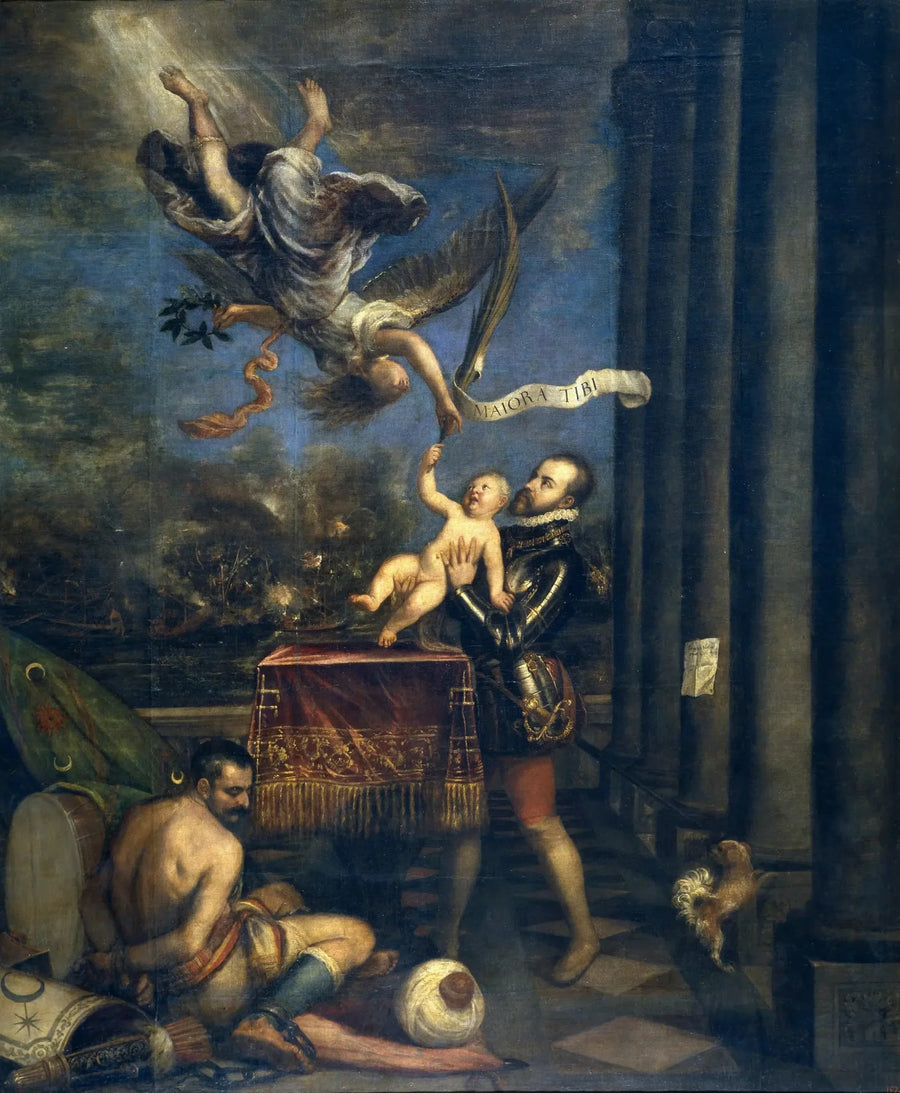 Philips II die zijn zoon, de prins Don Ferdinand, aan de hemel aanbiedt - Titiaan