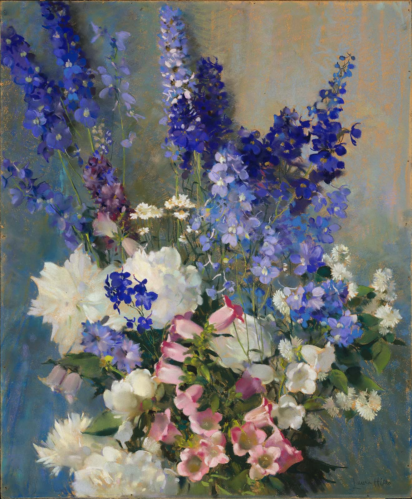 Pieds-d’alouette, pivoines et campanules par Laura Coombs Hills, peinture de pivoines