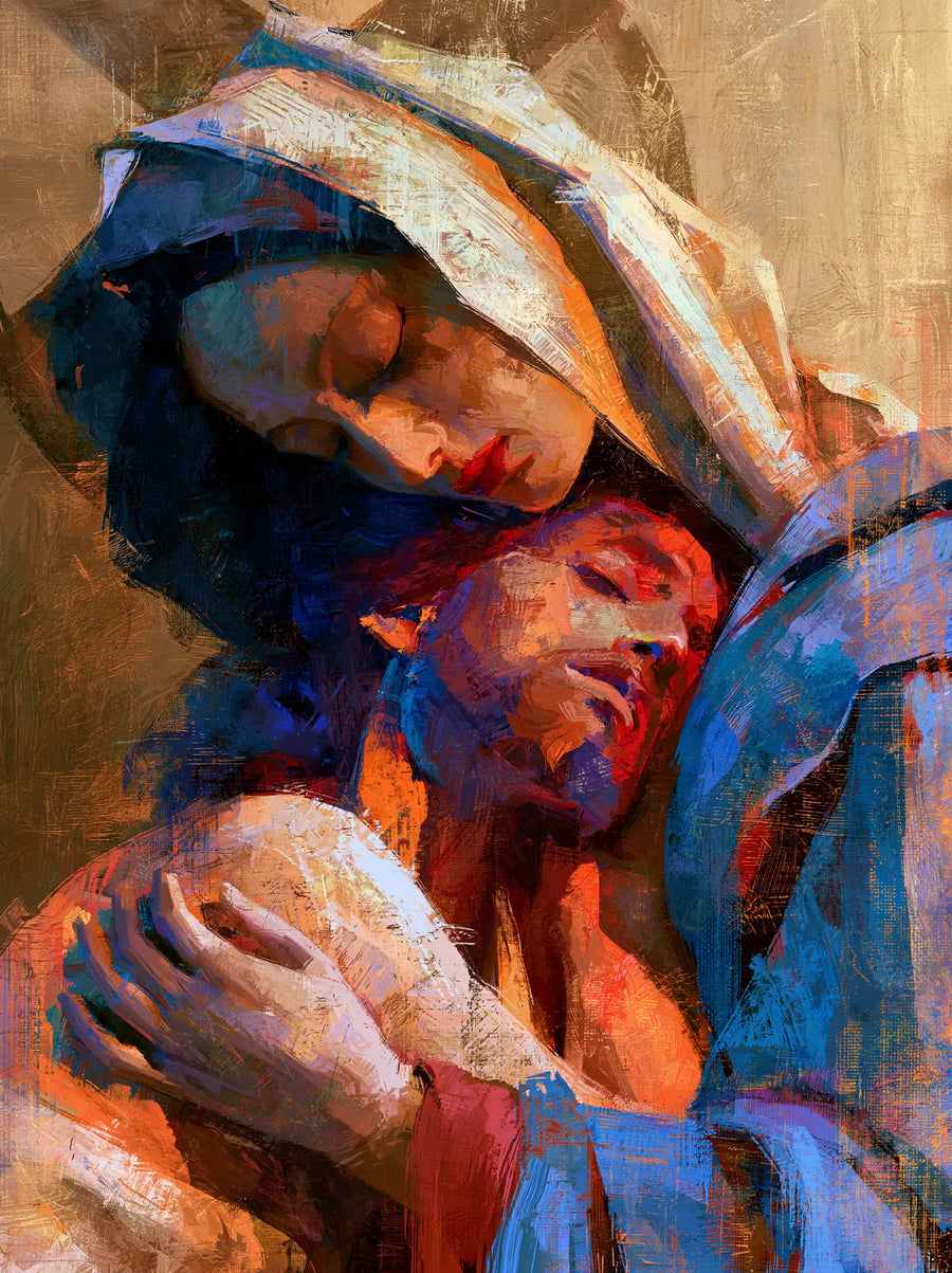 Pietà rapprochée bleu et ambre — les mains qui soutiennent