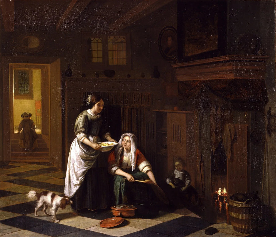 Deux femmes et deux enfants près de la cheminée - Pieter de Hooch