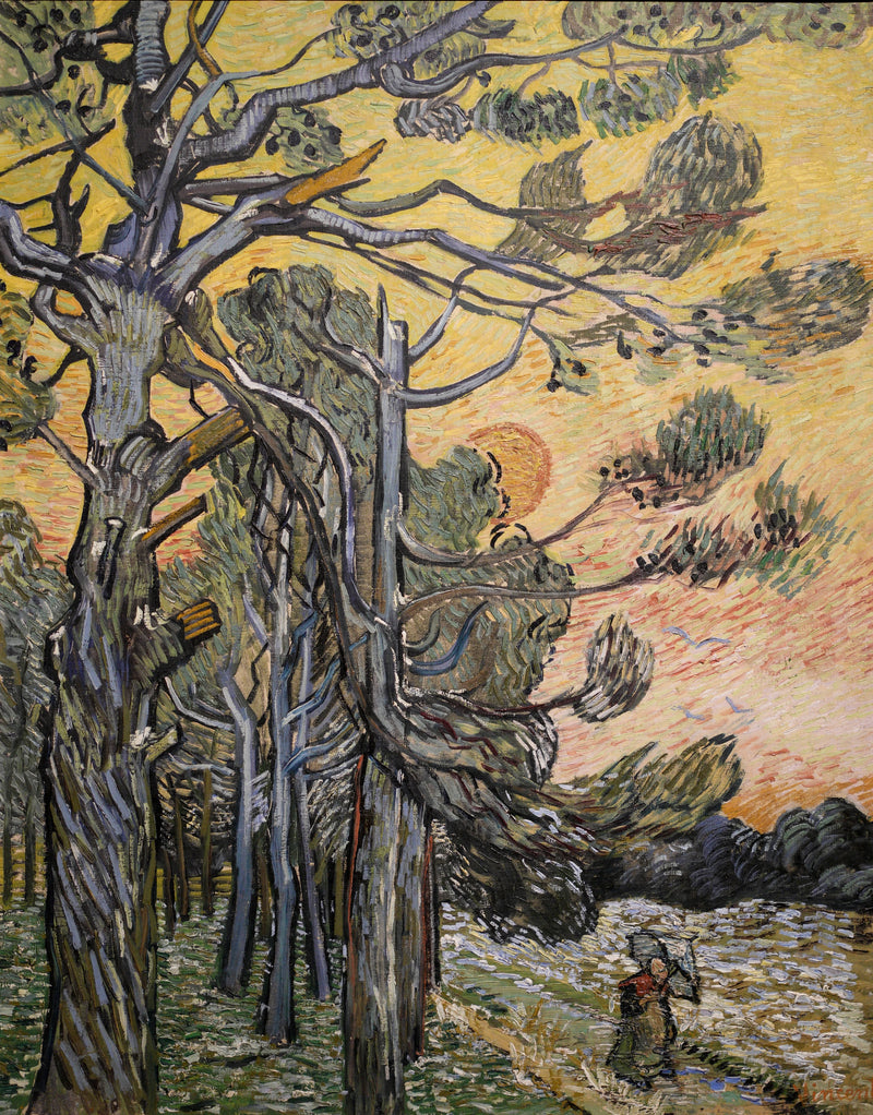 Spelden tegen een rode lucht met ondergaande zon - Vincent van Gogh