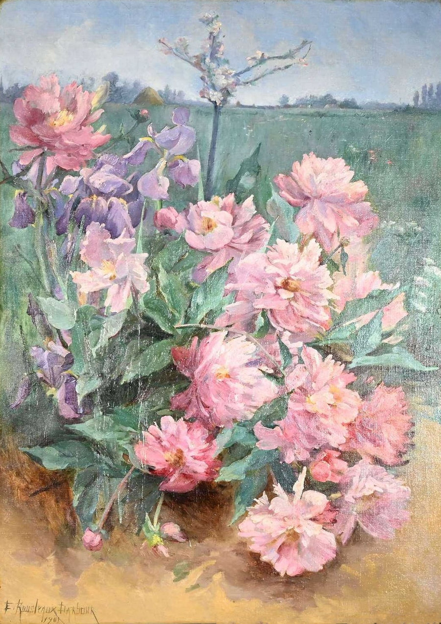Pivoines et iris dans un paysage – Ernestine Rousteaux-Darbour