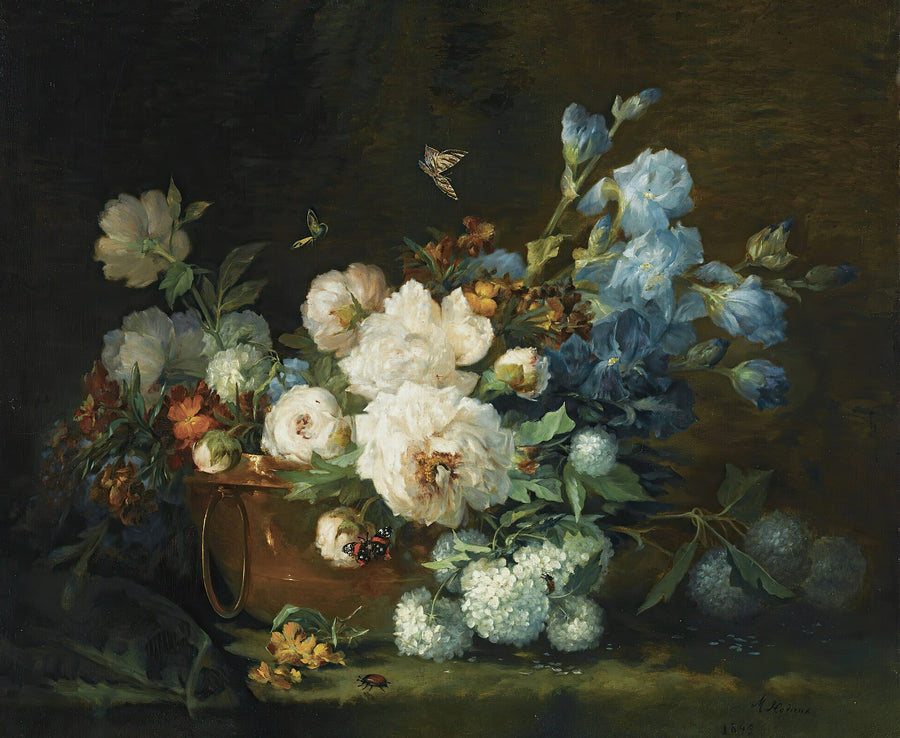 Pivoines, iris et hortensia dans une bouilloire – Marie Beloux-Hodieux
