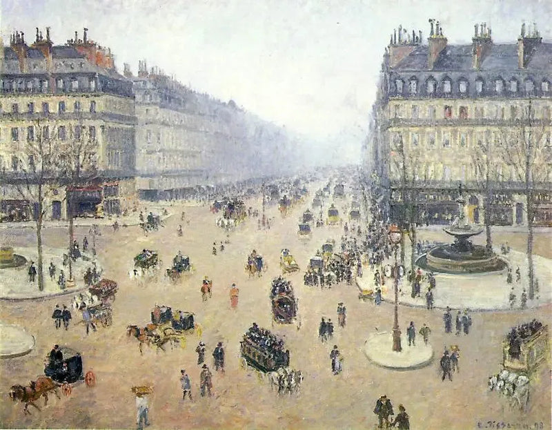 Plein van het Théâtre-Français en de Avenue de l'Opéra, mistige tijd - Camille Pissarro