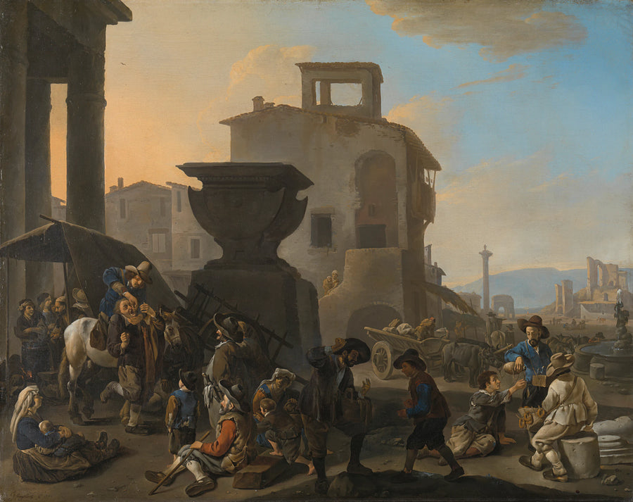 Place du marché italien avec cueilleur - Johannes Lingelbach