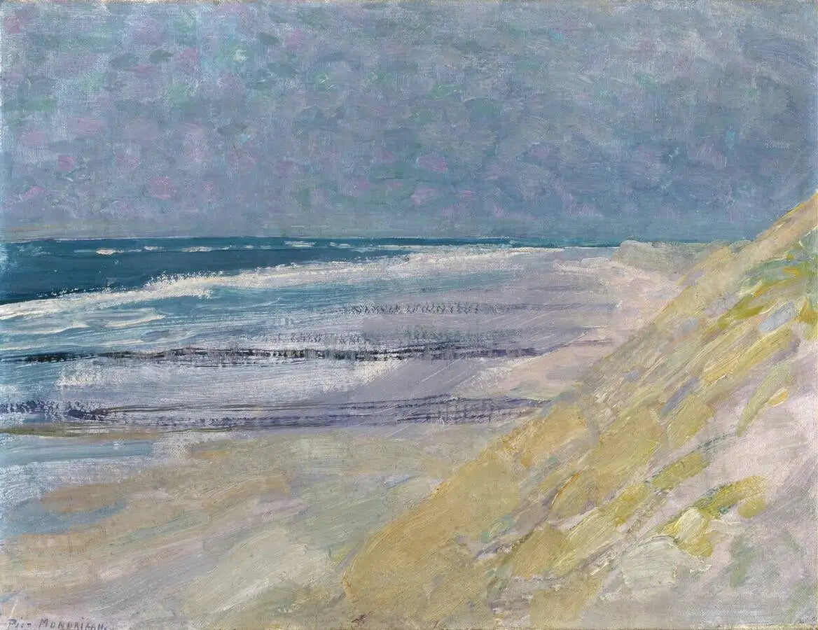 Reproduction du tableau « Plage avec trois ou quatre jetées à Domburg - Piet Mondrian » par Alpha Reproduction en peinture à l’huile
