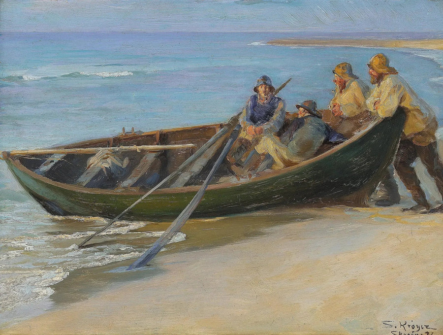 Noordstrand van Skagen. Een groene boot aan de waterkant. Twee vissers zitten in de boot, leunend op de relingen. Binnenin, een haak en twee peddels. - Peder Severin Krøyer