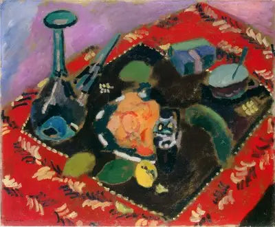 Schalen en fruit op een rood en zwart tapijt (Het Rode Tapijt) - Henri Matisse