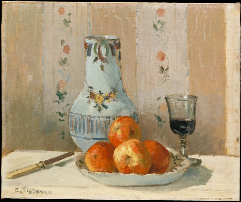 Kastanjebomen en geglazuurde faience op een tafel - Camille Pissarro