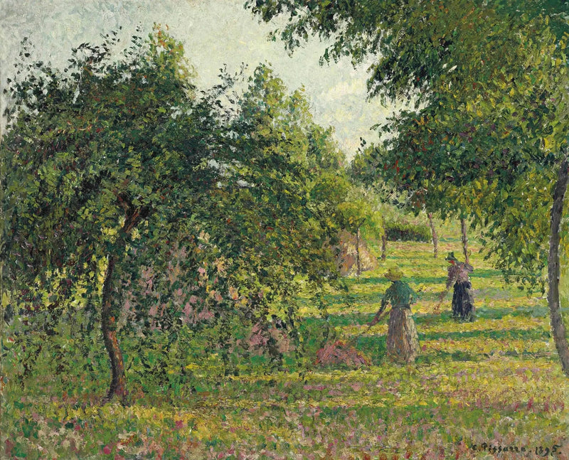 Appels en boer die het hooi harkt, Éragny - Camille Pissarro
