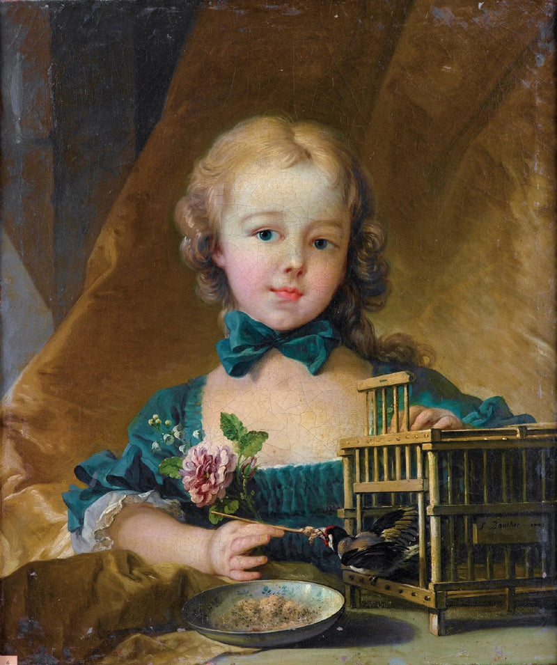 Portret van Alexandrine Le Normant d'Étiolles die speelt met een distelvink - François Boucher