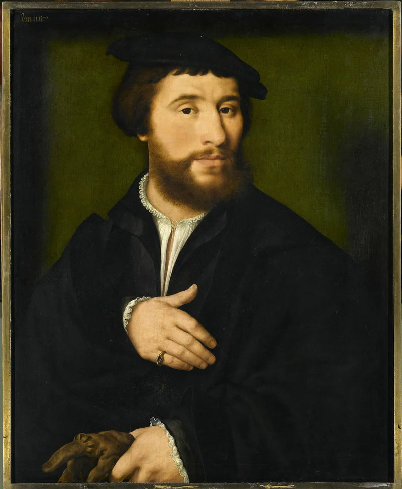 Portret van een man gekleed in zwart en die met één hand zijn handschoenen vasthoudt - Joos van Cleve