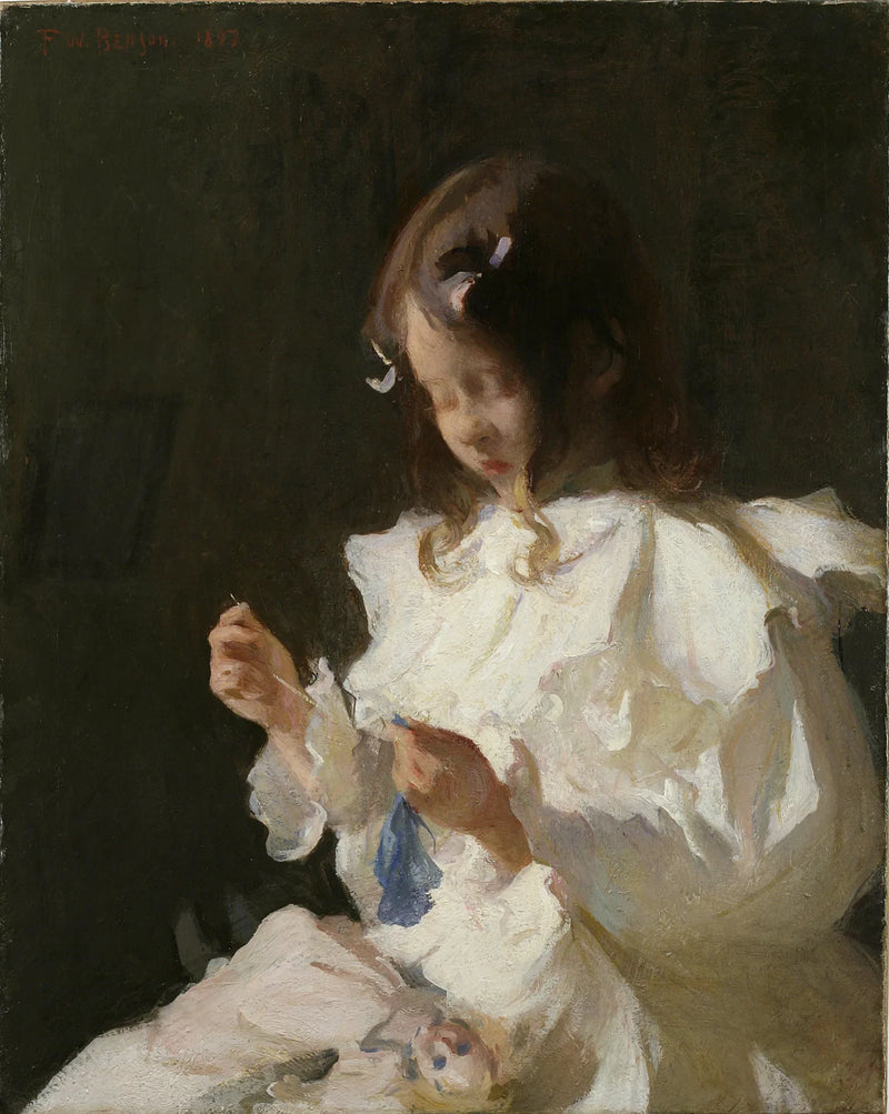Portret van een kind dat naait - Frank Weston Benson