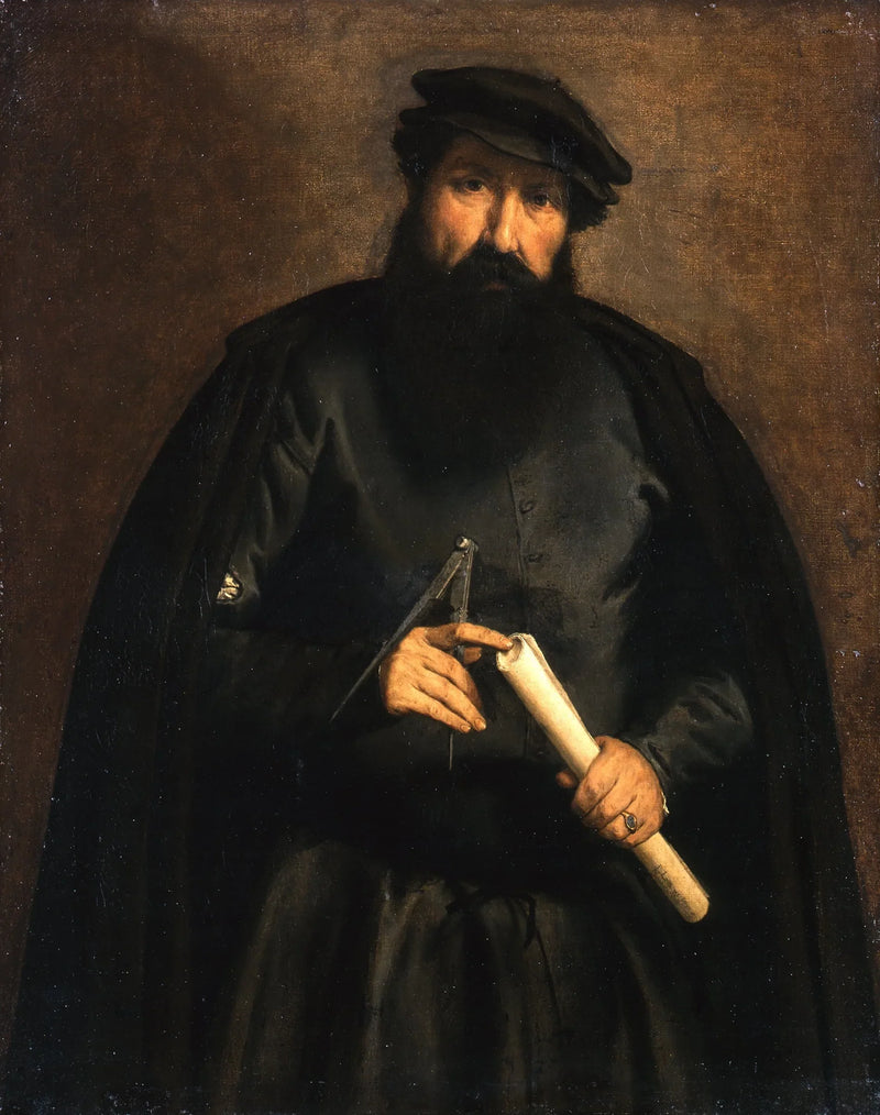 Portret van een man met een cirkel en een rol papier - Lorenzo Lotto