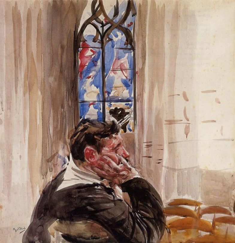 Portret van een man in een kerk - Giovanni Boldini
