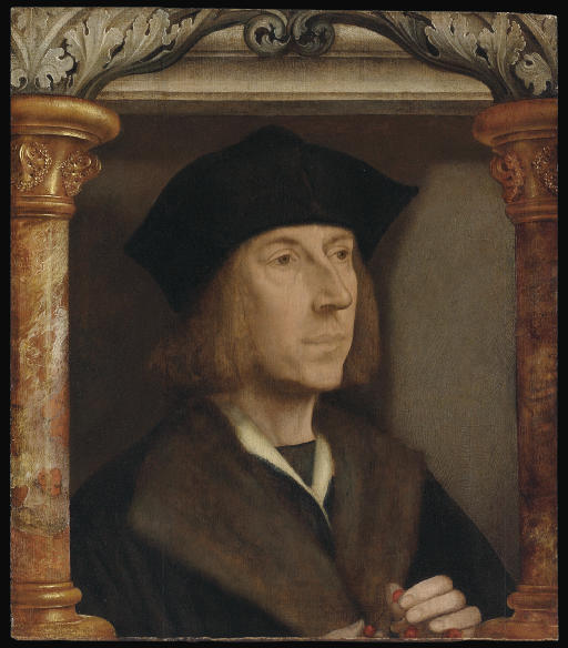 Portret van een man, in bust, gekleed in een jas met bontvoering, die een rozenkrans reciteert, in een architectonisch kader - Quentin Metsys