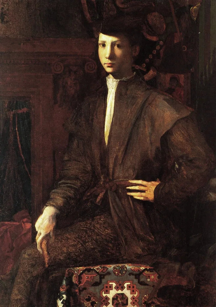 Portret van een jonge man zittend op een tapijt - Rosso Fiorentino