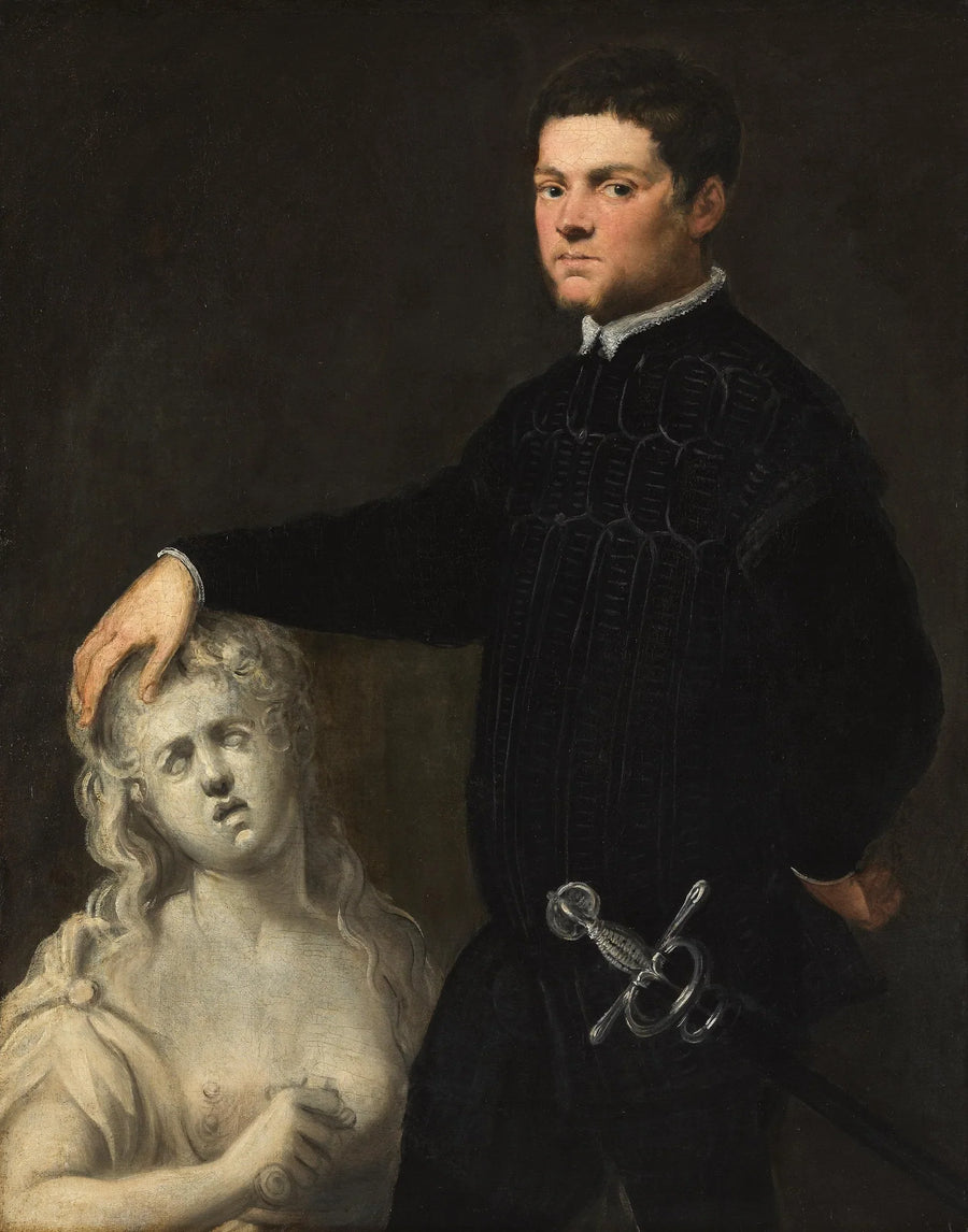 Portret van een jonge man met een beeldhouwwerk van Lucretia - Tintoret - Jacopo Tintoretto