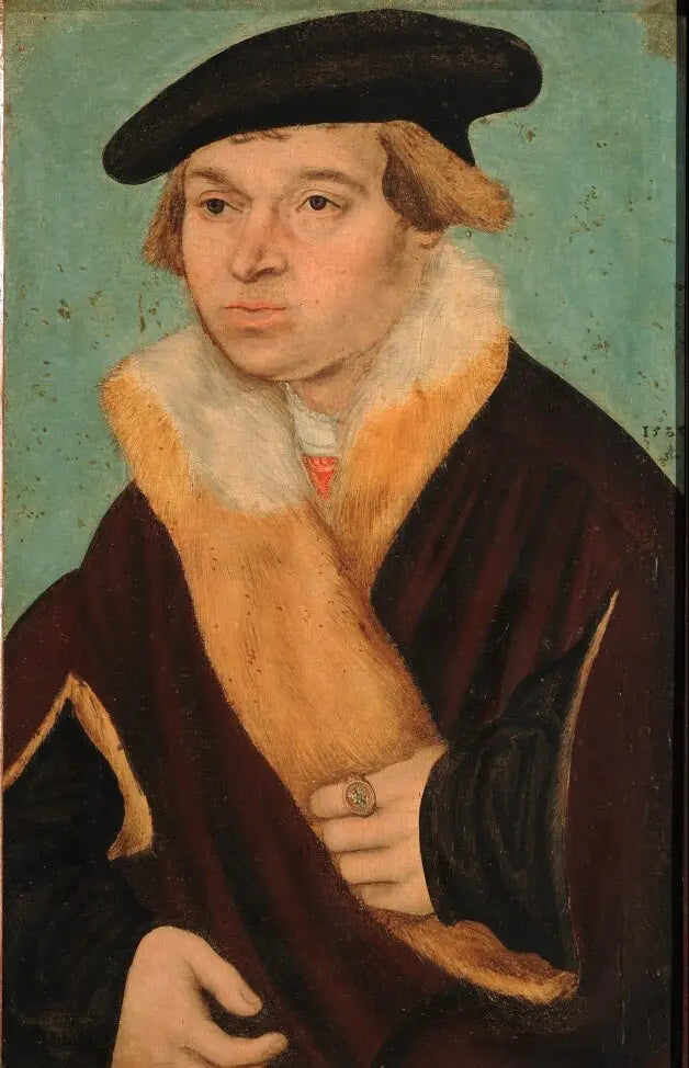 Portret van een jongeman met een gladgeschoren gezicht in een bontjas met licht - Lucas Cranach de Oudere