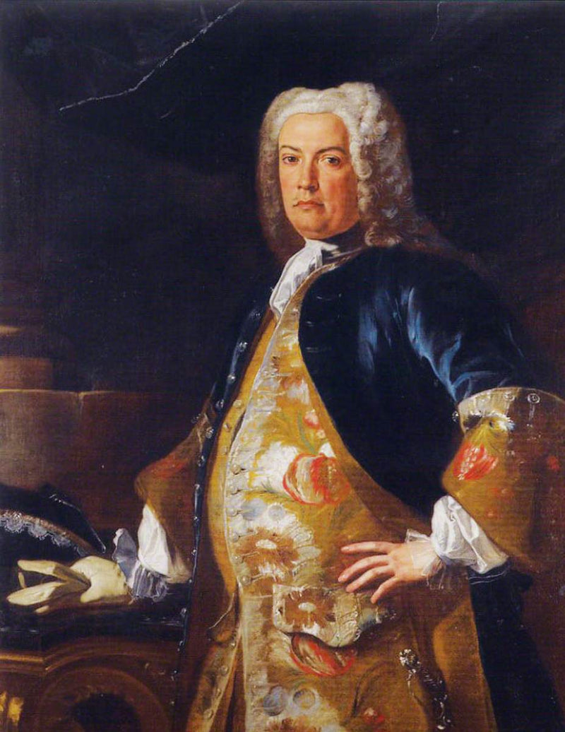 Portret van een edelman, in drie kwart, met zijn rechterhand in een handschoen rustend op een console - Francesco Solimena