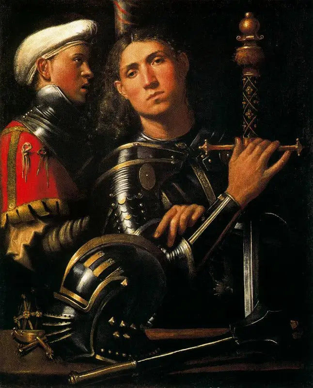 Portret van een soldaat met zijn pages - Giorgione